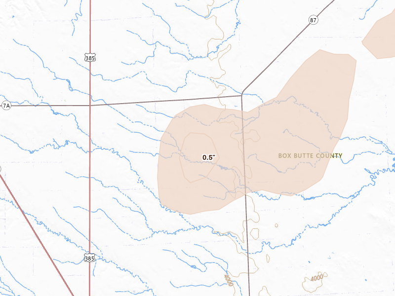 Radar-estimated hail-size map of the storm over Hemingford, NE on Jul 6, 2026