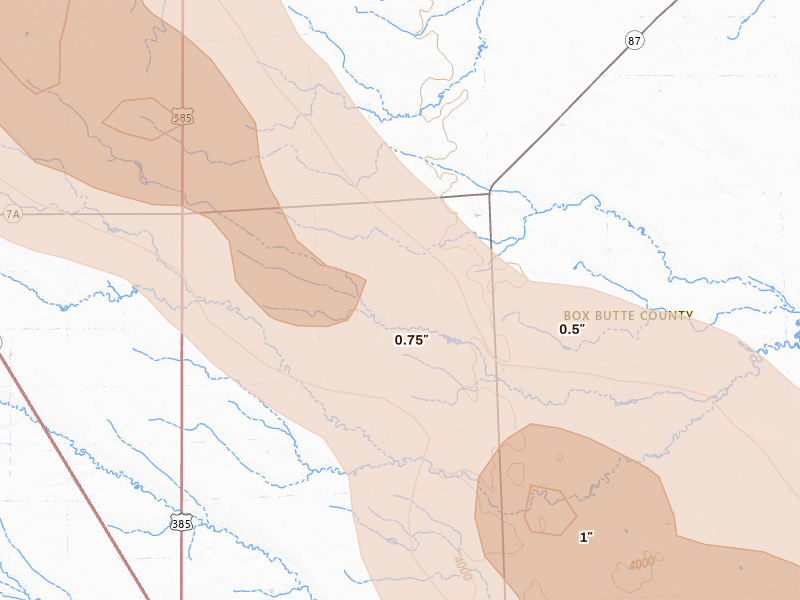 Radar-estimated hail-size map of the storm over Hemingford, NE on Jul 9, 2026