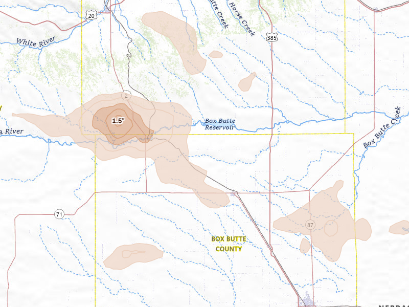 Radar-estimated hail-size map of the storm over Hemingford, NE on Aug 9, 2026