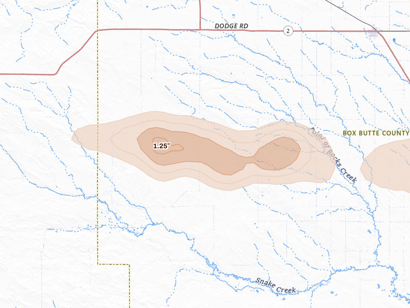 Radar-estimated hail-size map of the storm over Hemingford, NE on Aug 15, 2026