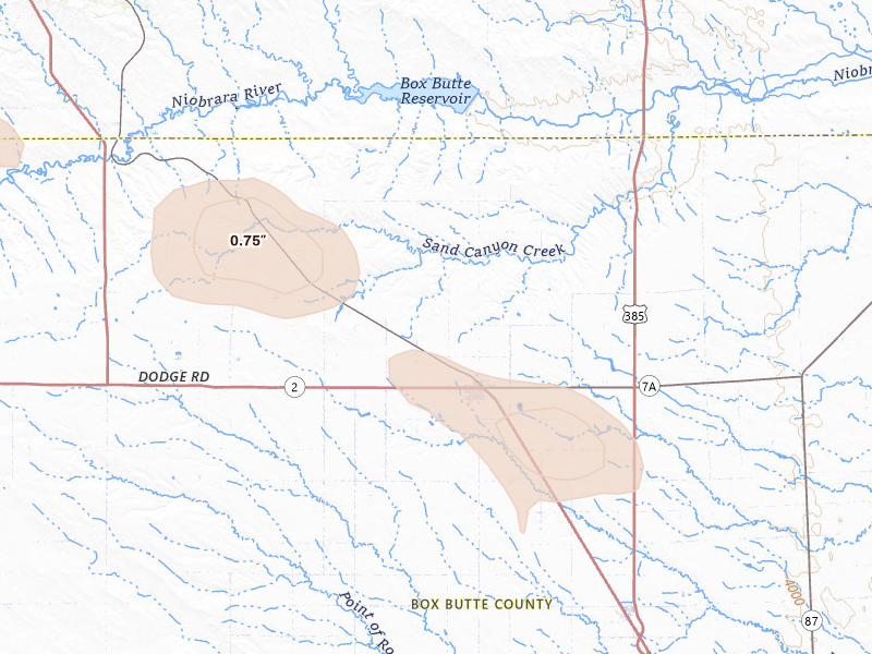 Radar-estimated hail-size map of the storm over Hemingford, NE on Aug 17, 2026
