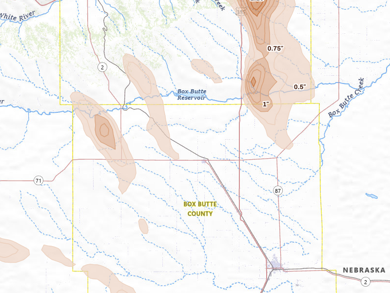 Radar-estimated hail-size map of the storm over Hemingford, NE on Aug 21, 2026