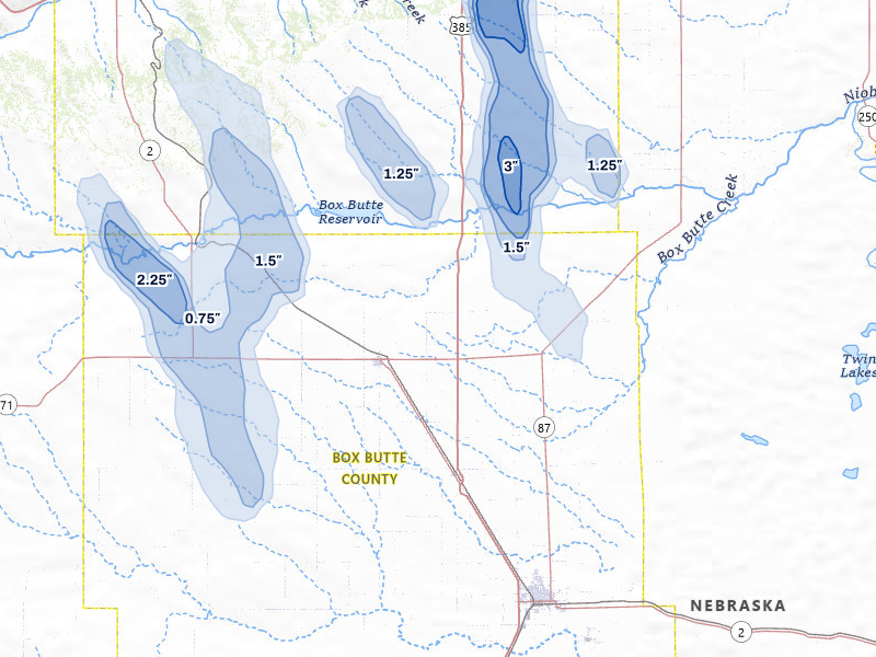 NEXRAD radar-signature map of the hail storm over Hemingford, NE on Aug 21, 2026