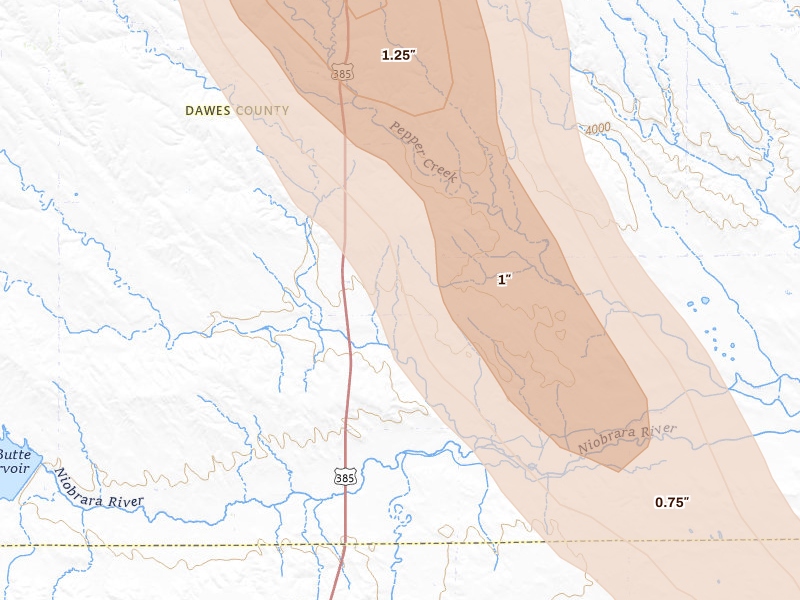 Radar-estimated hail-size map of the storm over Hemingford, NE on Aug 27, 2026