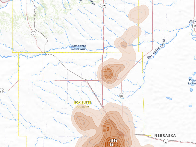 Radar-estimated hail-size map of the storm over Hemingford, NE on Sep 5, 2026