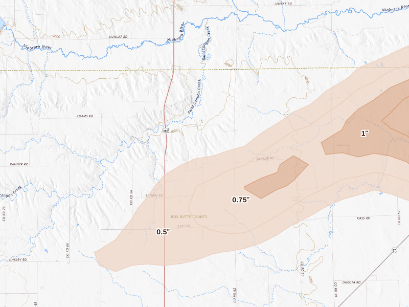 Radar-estimated hail-size map of the storm over Hemingford, NE