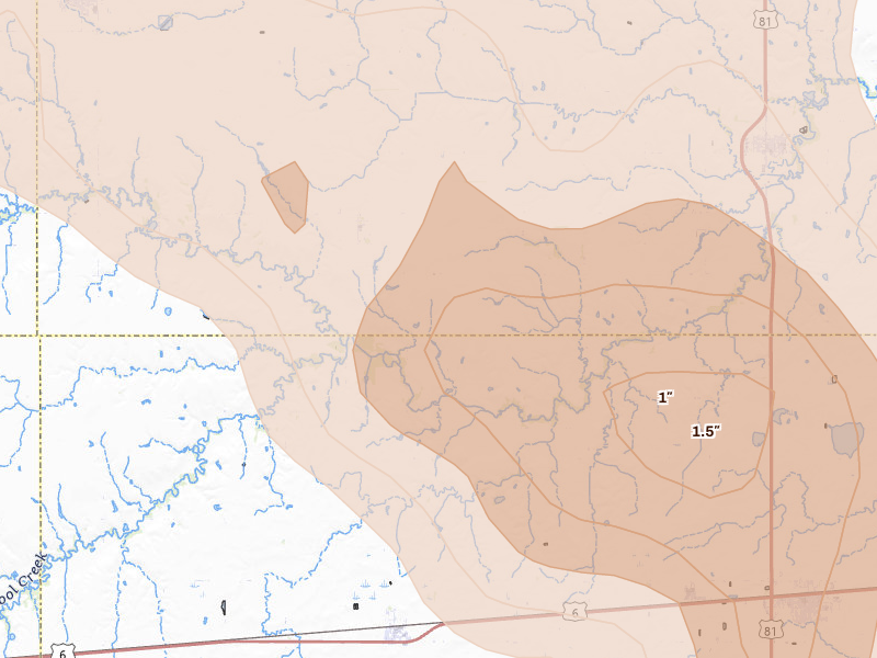 Radar-estimated hail-size map of the storm over Henderson, NE on May 16, 2026