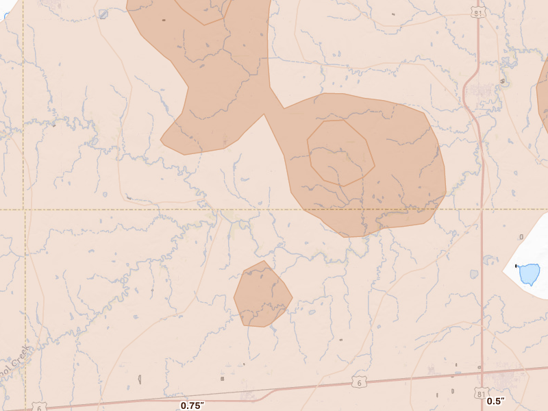 Radar-estimated hail-size map of the storm over Henderson, NE on Jun 5, 2026