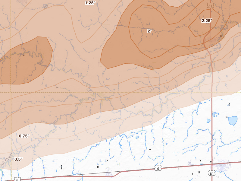Radar-estimated hail-size map of the storm over Henderson, NE on Jun 10, 2026