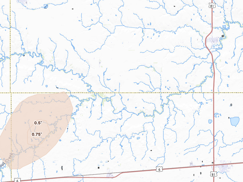 Radar-estimated hail-size map of the storm over Henderson, NE on Jul 1, 2026