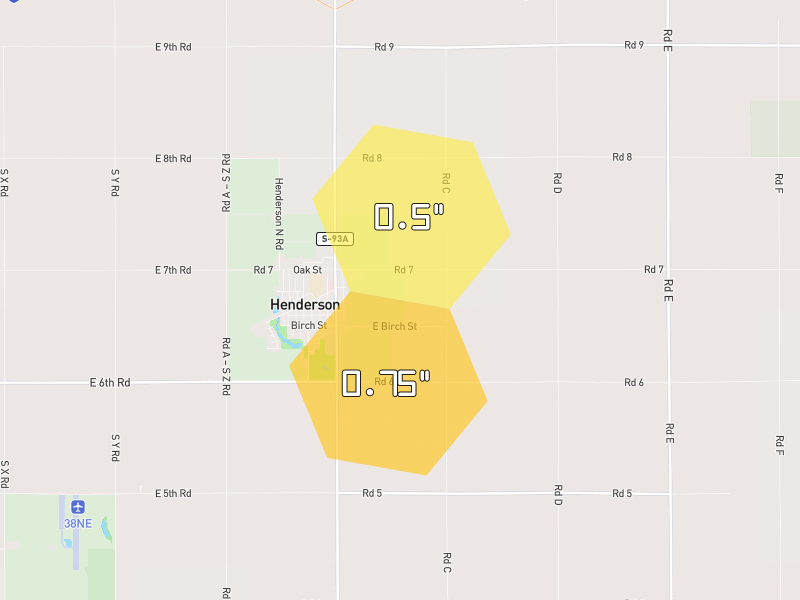 Hail map of Henderson, NE on Jul 2, 2026, hail up to 0.75"