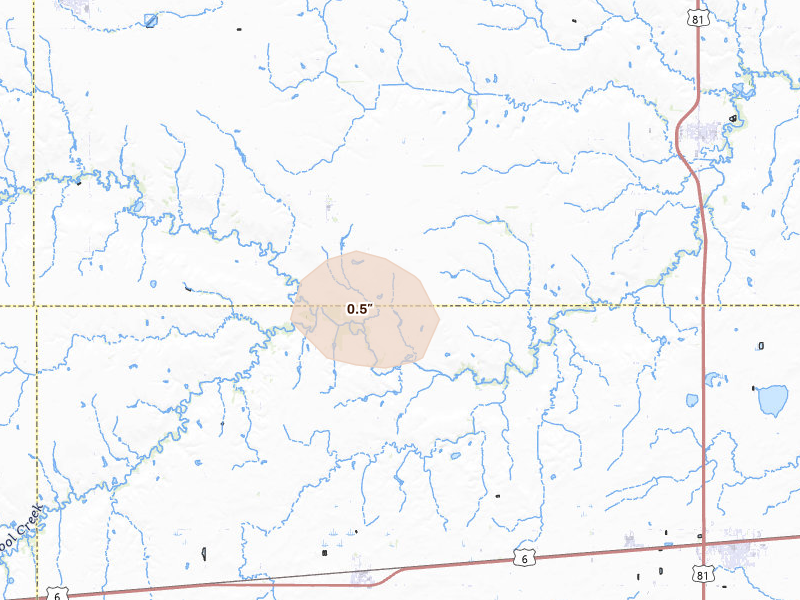 Radar-estimated hail-size map of the storm over Henderson, NE on Jul 27, 2026