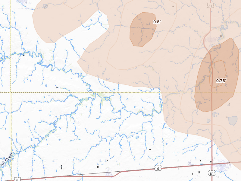 Radar-estimated hail-size map of the storm over Henderson, NE on Aug 19, 2026
