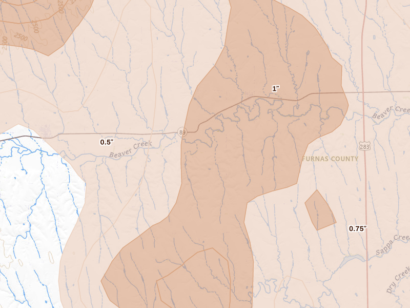 Radar-estimated hail-size map of the storm over Hendley, NE on May 30, 2026