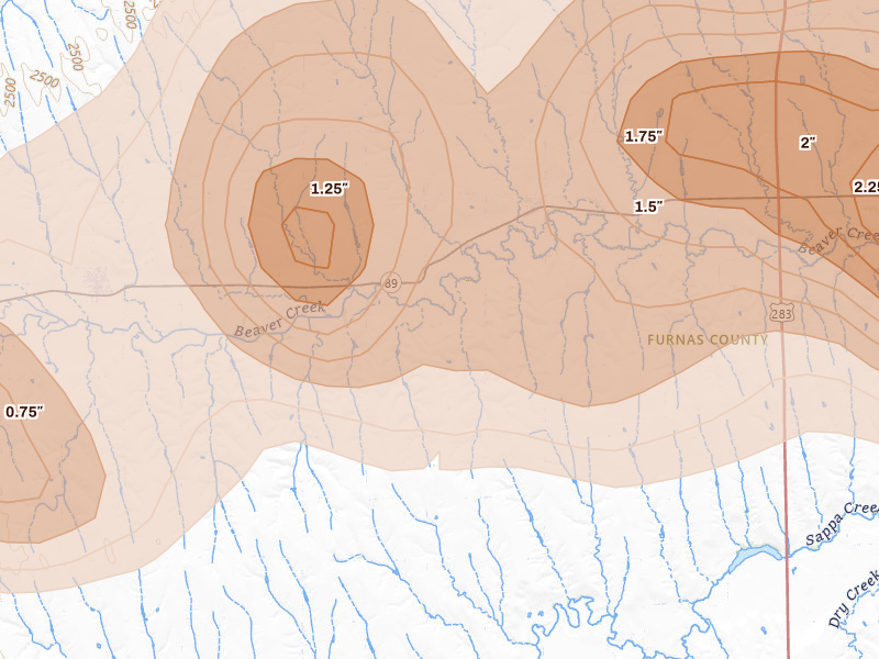 Radar-estimated hail-size map of the storm over Hendley, NE on Jun 8, 2026