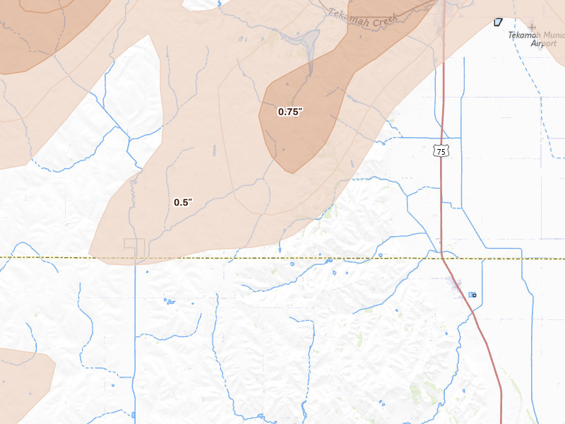 Radar-estimated hail-size map of the storm over Herman, NE on Apr 23, 2026