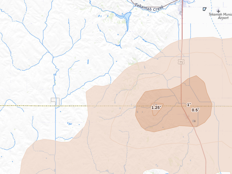 Radar-estimated hail-size map of the storm over Herman, NE on May 15, 2026