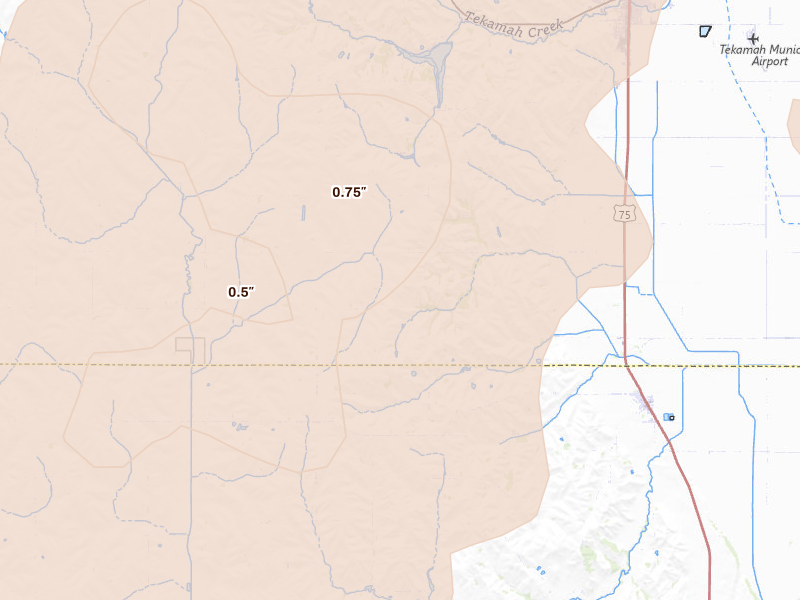 Radar-estimated hail-size map of the storm over Herman, NE on May 17, 2026