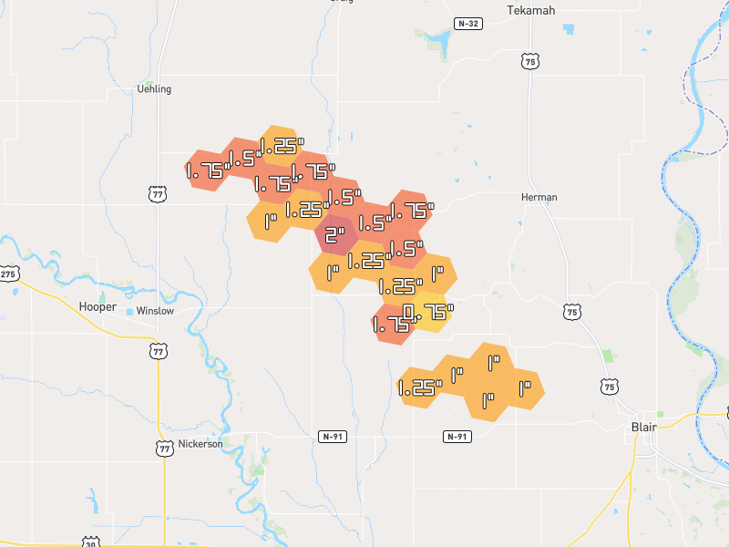 Hail map of Herman, NE on Jun 1, 2026, hail up to 2"