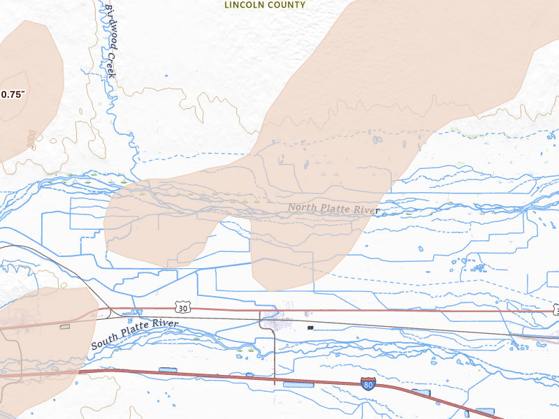 Radar-estimated hail-size map of the storm over Hershey, NE on May 16, 2026