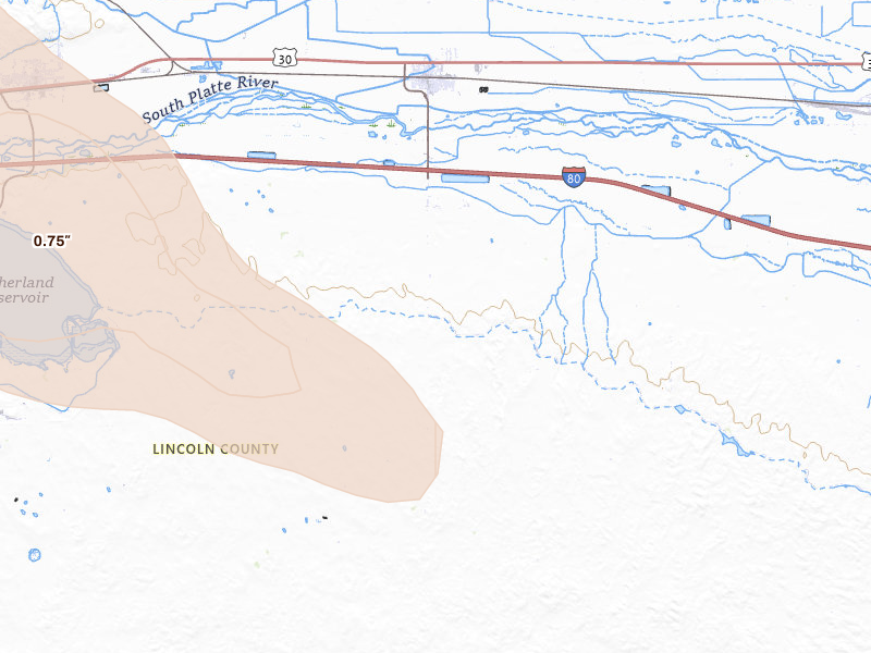 Radar-estimated hail-size map of the storm over Hershey, NE on Aug 15, 2026