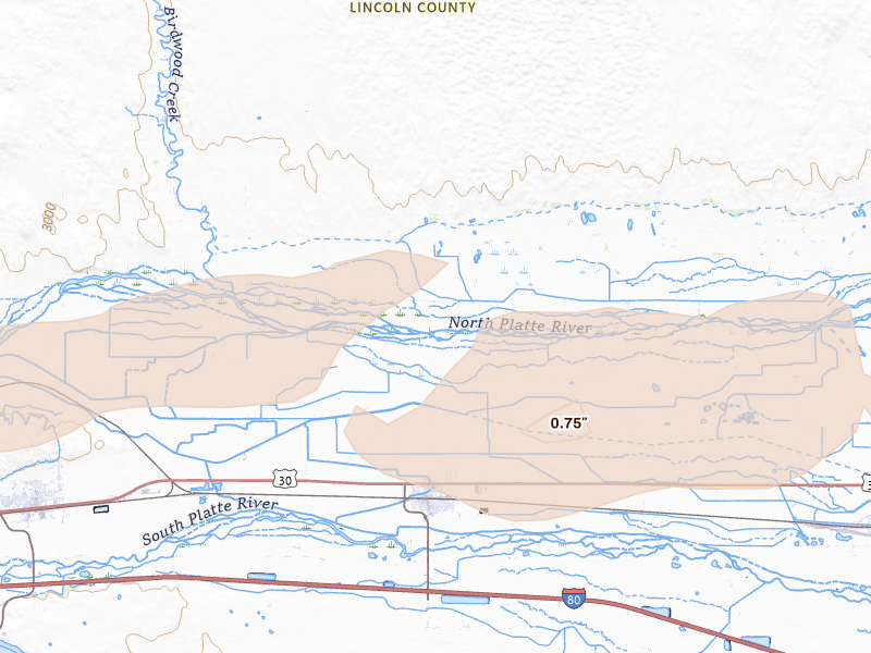 Radar-estimated hail-size map of the storm over Hershey, NE on Aug 17, 2026