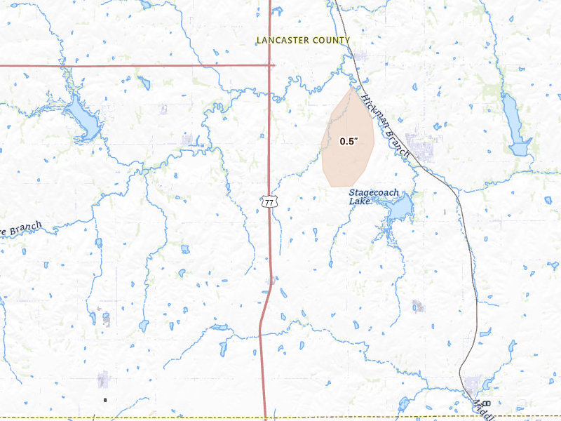Radar-estimated hail-size map of the storm over Hickman, NE on May 30, 2026
