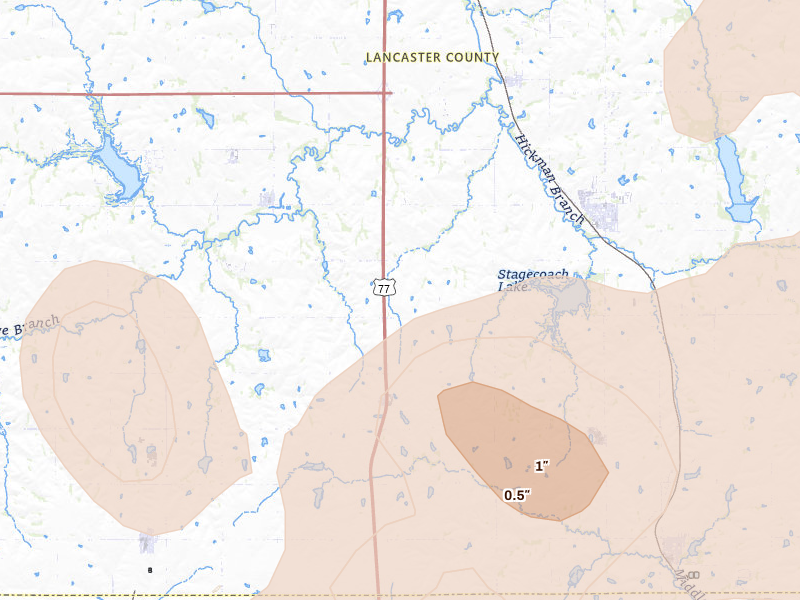Radar-estimated hail-size map of the storm over Hickman, NE on Jun 5, 2026