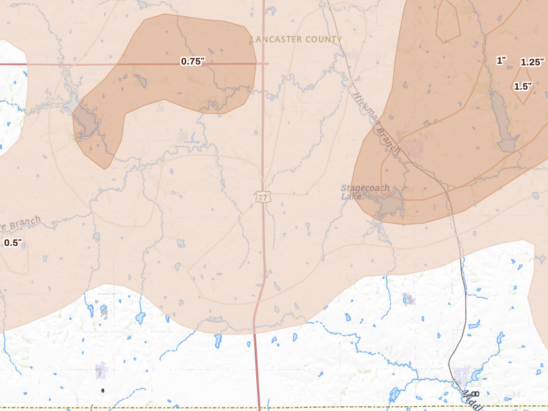 Radar-estimated hail-size map of the storm over Hickman, NE on Jun 10, 2026