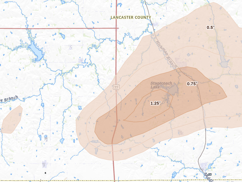 Radar-estimated hail-size map of the storm over Hickman, NE on Jul 3, 2026