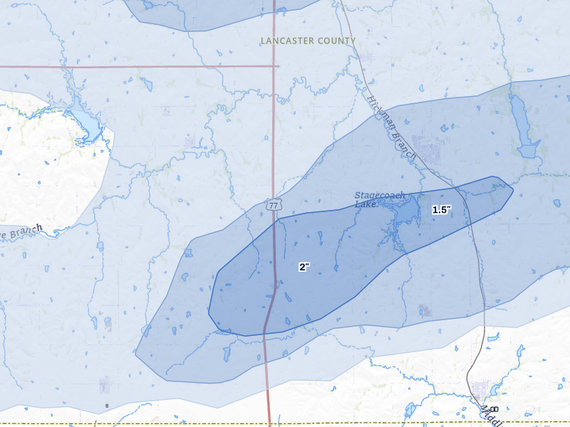 NEXRAD radar-signature map of the hail storm over Hickman, NE on Jul 3, 2026