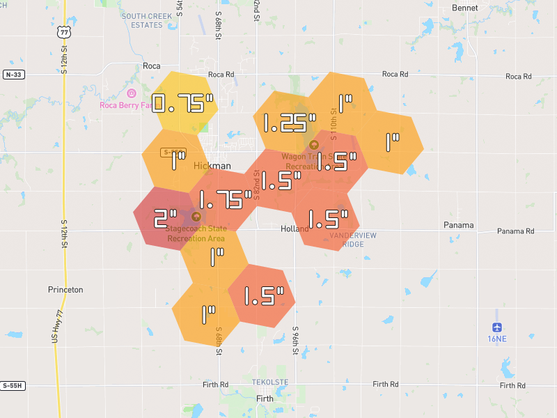 Hail map of Hickman, NE on Jul 4, 2026, hail up to 2"