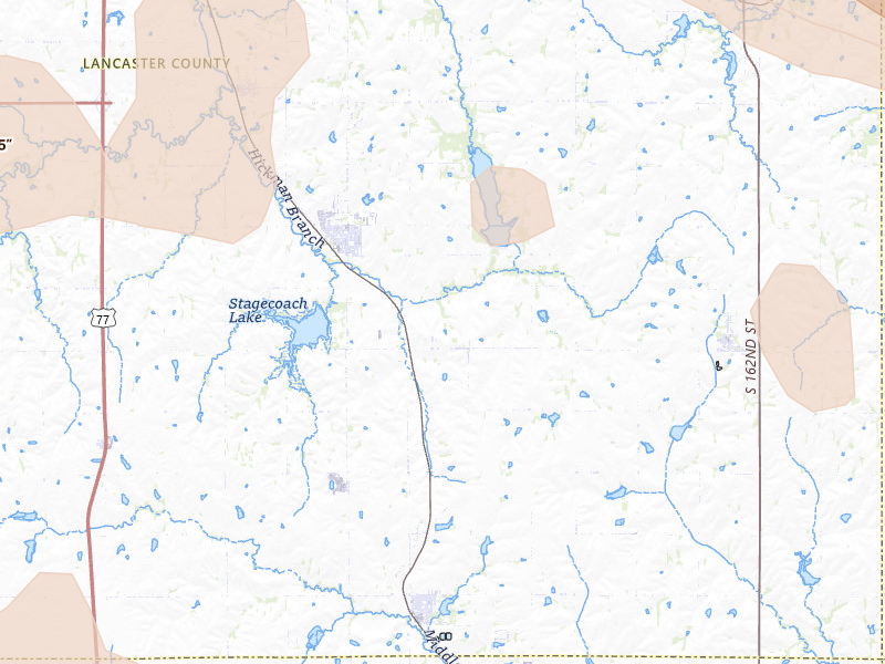 Radar-estimated hail-size map of the storm over Hickman, NE on Aug 19, 2026