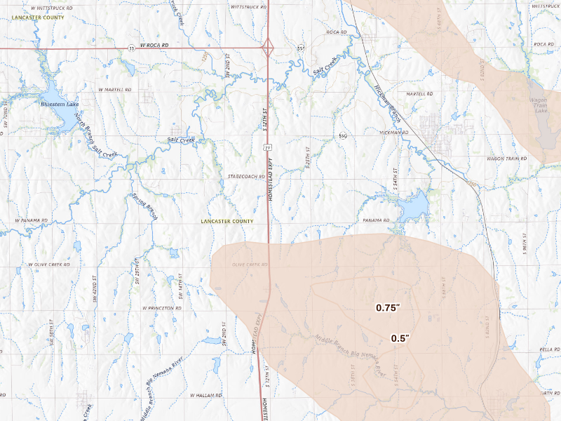 Radar-estimated hail-size map of the storm over Hickman, NE on Sep 11, 2026