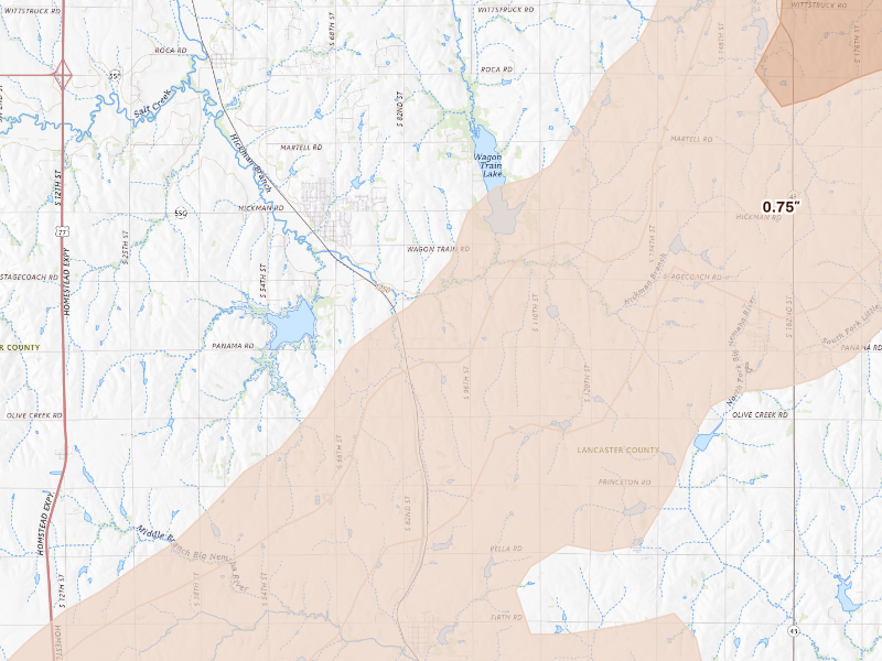 Radar-estimated hail-size map of the storm over Hickman, NE on Sep 13, 2026