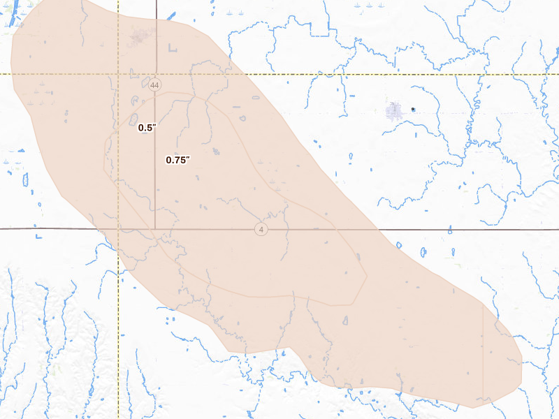 Radar-estimated hail-size map of the storm over Hildreth, NE on Jul 30, 2026