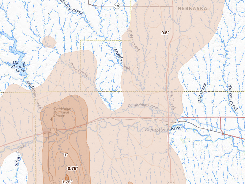 Radar-estimated hail-size map of the storm over Holbrook, NE on May 30, 2026