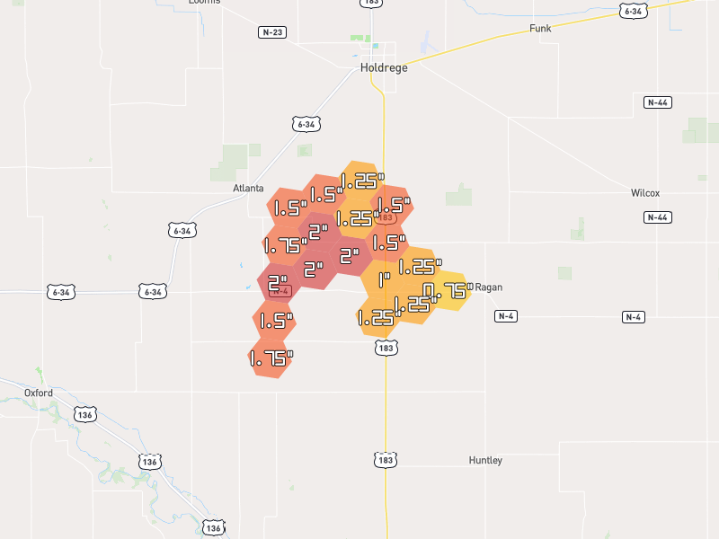 Hail map of Holdrege, NE on Jun 3, 2026, hail up to 2"