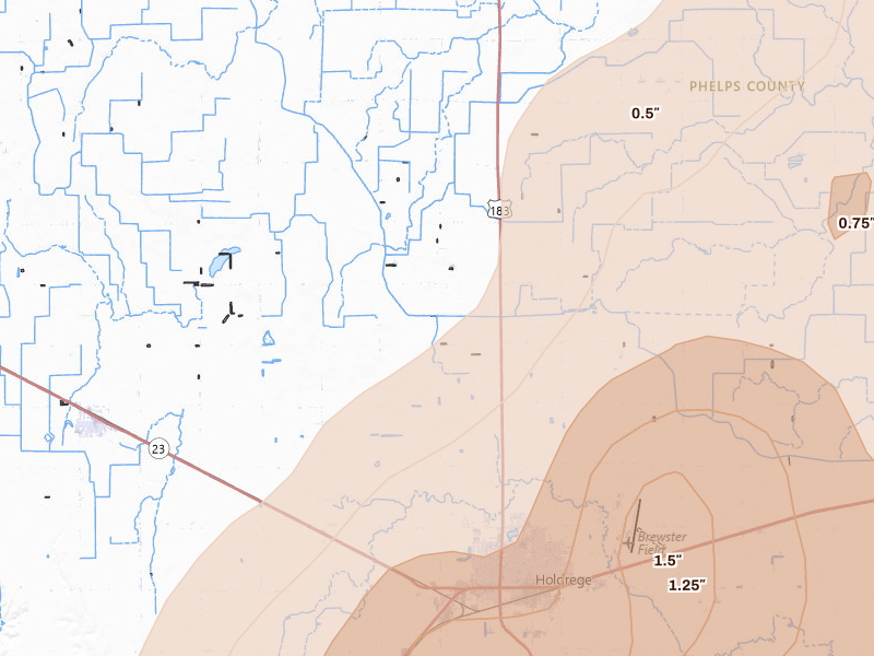 Radar-estimated hail-size map of the storm over Holdrege, NE on Jun 9, 2026