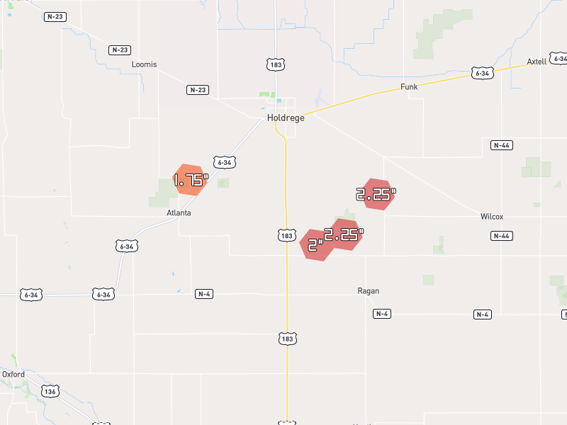 Hail map of Holdrege, NE on Jun 9, 2026, hail up to 2.25"
