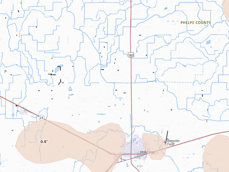 Radar-estimated hail-size map of the storm over Holdrege, NE on Jul 30, 2026