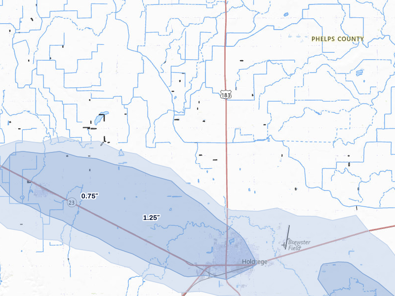 NEXRAD radar-signature map of the hail over Holdrege, NE