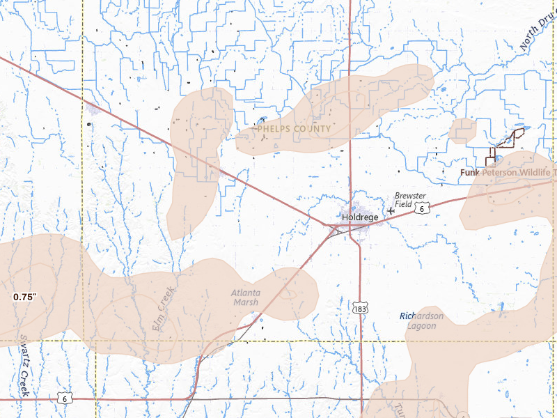Radar-estimated hail-size map of the storm over Holdrege, NE on Aug 13, 2026
