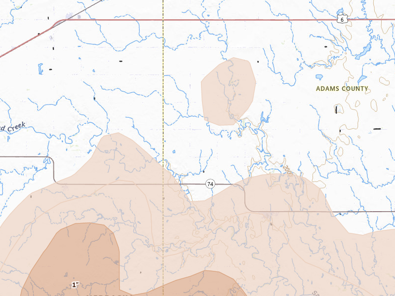 Radar-estimated hail-size map of the storm over Holstein, NE on May 16, 2026