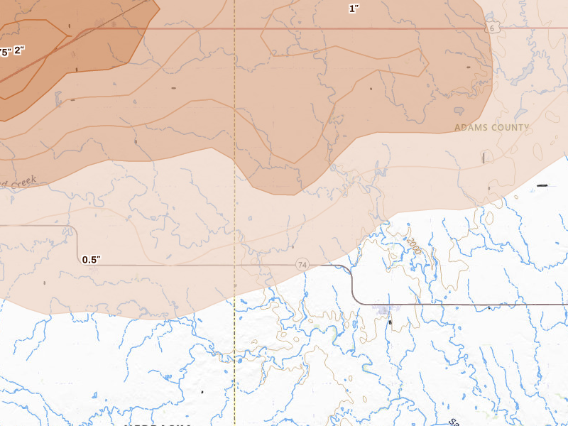 Radar-estimated hail-size map of the storm over Holstein, NE on Jun 10, 2026