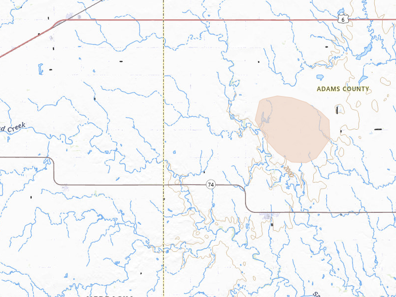 Radar-estimated hail-size map of the storm over Holstein, NE on Jul 8, 2026