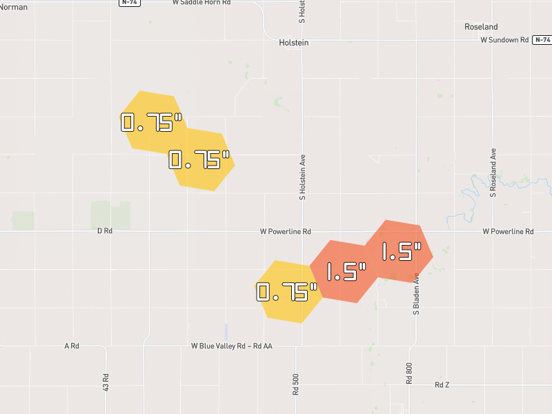 Hail map of Holstein, NE on Jul 9, 2026, hail up to 1.5"