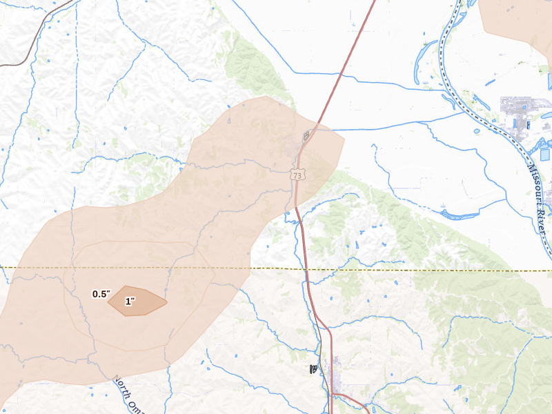 Radar-estimated hail-size map of the storm over Homer, NE on Apr 23, 2026