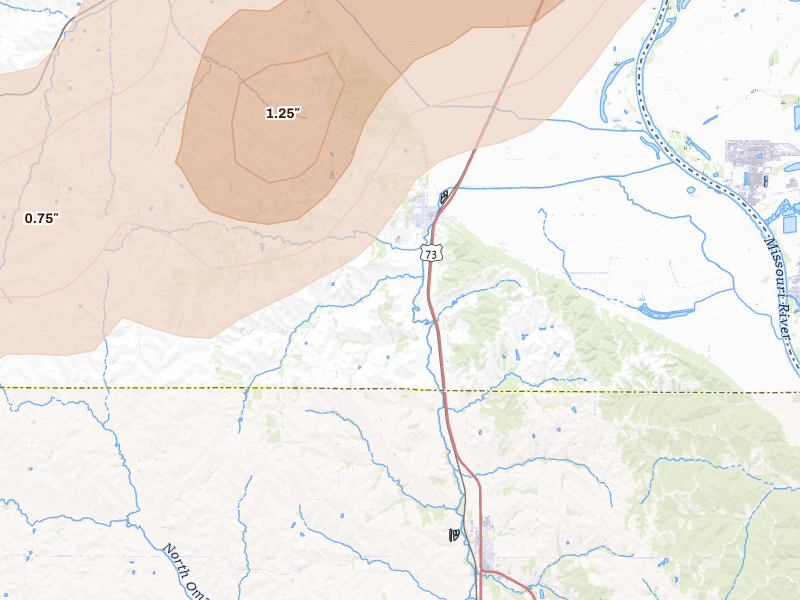 Radar-estimated hail-size map of the storm over Homer, NE on Jun 29, 2026
