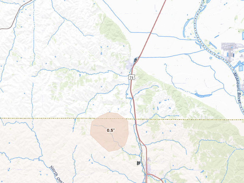 Radar-estimated hail-size map of the storm over Homer, NE on Jul 25, 2026